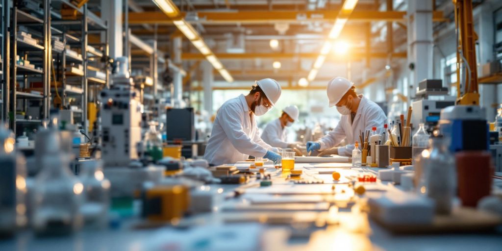 Laboratorium modern dengan ilmuwan melakukan eksperimen.