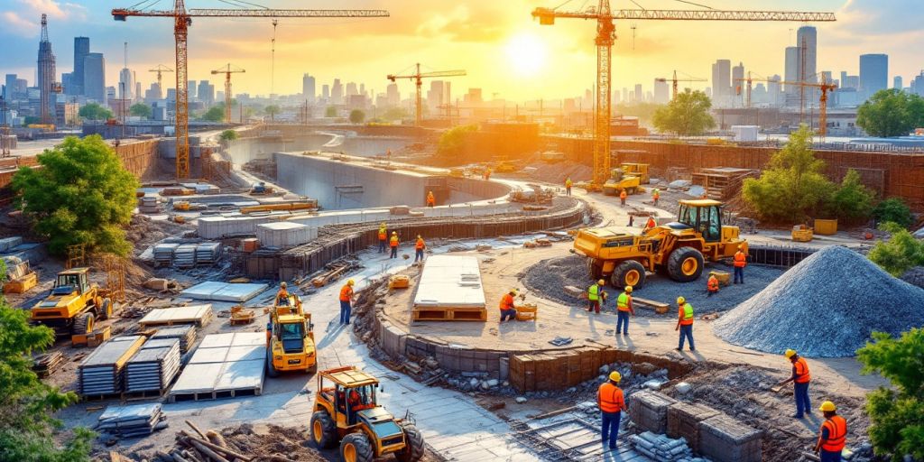 Gambar pekerja konstruksi di lokasi pembangunan infrastruktur.