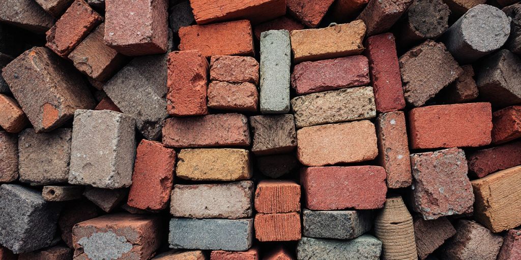 Berbagai material bangunan, termasuk batu bata dan kayu.