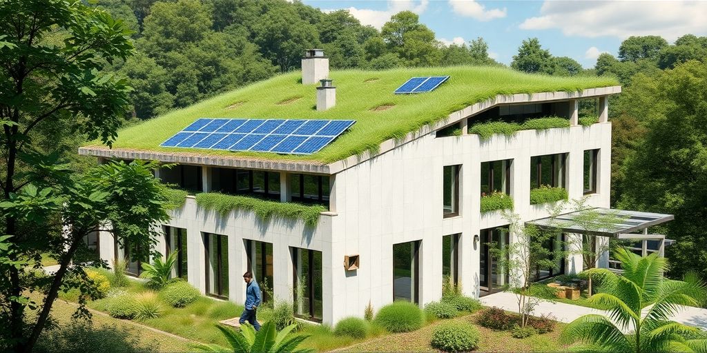 Bangunan beton modern dengan atap hijau dan panel surya.