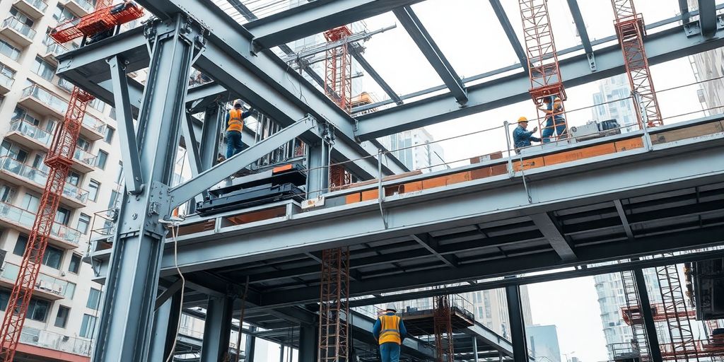 Struktur baja modern dalam proses konstruksi.